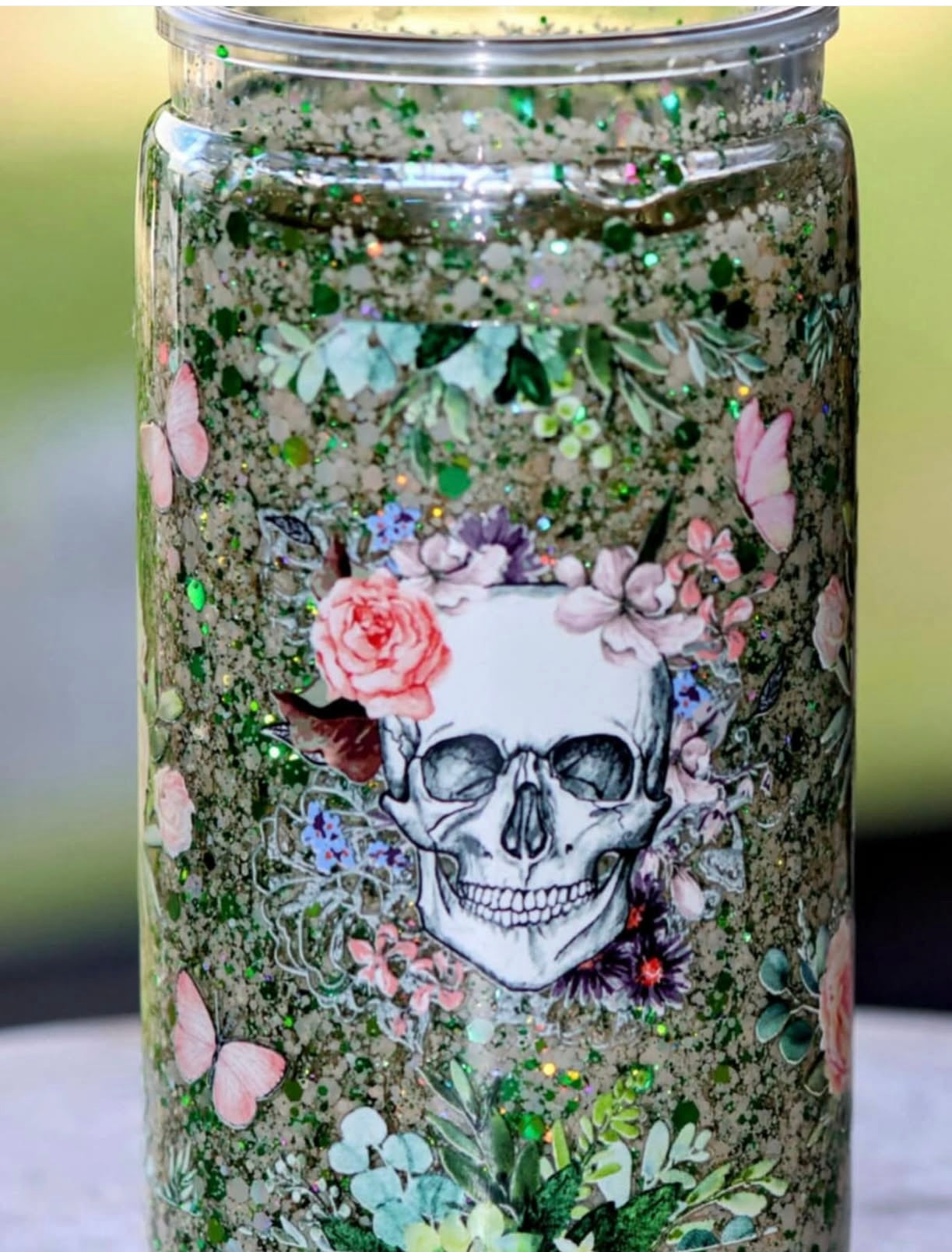 Green floral skull tumbler