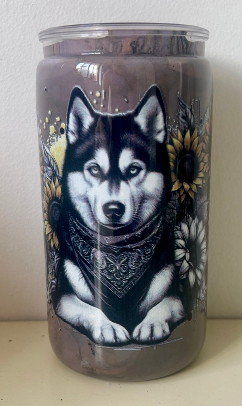 Husky with sunflower tumbler