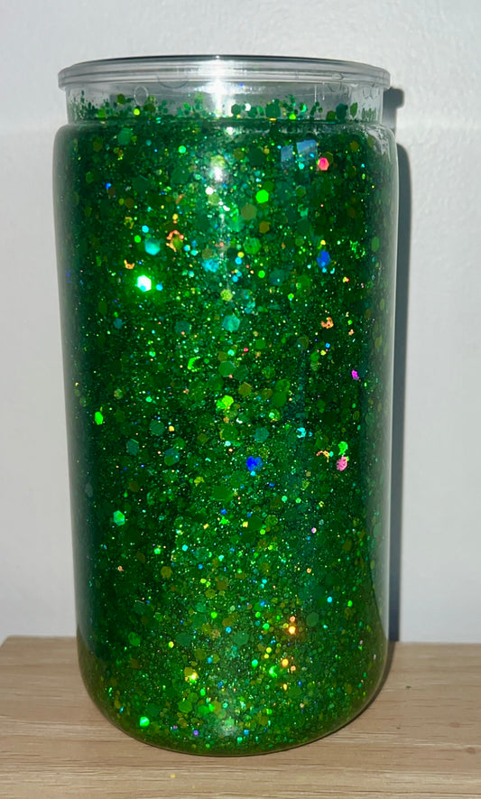 Filled with vibrant green tumbler